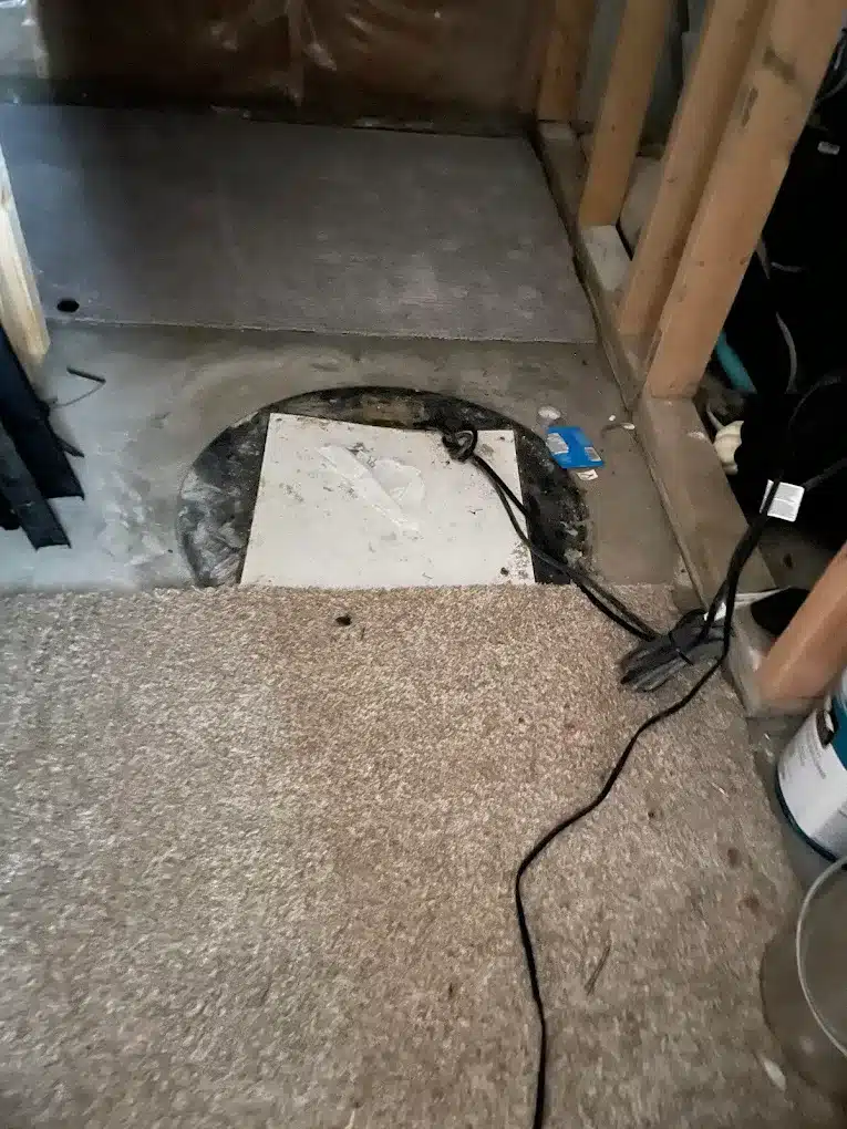 Basement floor with sump pit opening and carpet edge